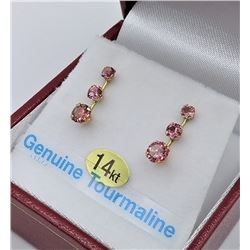 14KT YELLOW GOLD GENUINE PINK TOURMALINE EARRINGS - RETAIL $500, 1.2CTS TOURMALINE BIRTHSTONE OCTOBE