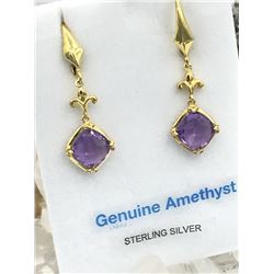 STERLING SILVER YELLOW GOLD PLATED 8X8MM GENUINE AMETHYST EARRINGS W/ APPRAISAL $300 - 3.5CTS AMETHY