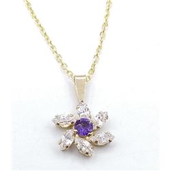 9KT YELLOW GOLD 3MM GENUINE AMETHYST AND CZ PENDANT W/ YELLOW GOLD PLATED STERLING CHAIN W/ APPRAISA