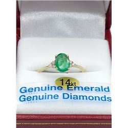 14KT YELLOW GOLD 7X5MM GENUINE EMERALD AND DIAMOND RING W/ APPRAISAL $2870 - SIZE 6.75, 0.8CT EMERAL