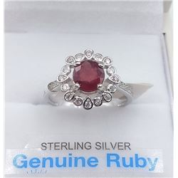 STERLING SILVER 6MM GENUINE RUBY AND CZ RING  - RETAIL $500, SIZE 8