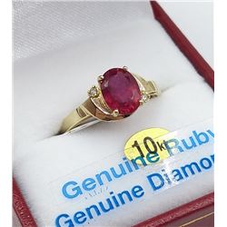 10KT YELLOW GOLD 8X6MM GENUINE RUBY AND DIAMOND RING W/ APPRAISAL $1295 - SIZE 7, 1.25CT RUBY, 0.02C