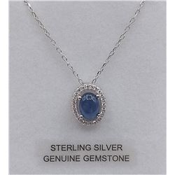 STERLING SILVER 7X5MM GENUINE BLUE SAPPHIRE AND CZ PENDANT W/ STERLING CHAIN W/ APPRAISAL $1200 - 1C