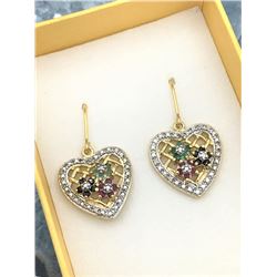 STERLING SILVER YELLOW GOLD PLATED GENUINE RUBY, SAPPHIRE, EMERALD, AND DIAMOND HEART EARRINGS W/ AP