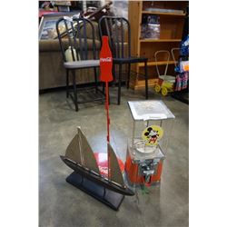 CANDY DISPENSER, COCA COLA STAND AND BOAT FIGURE