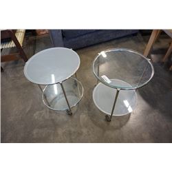 PAIR OF ROUND ROLLING GLASSTOP 2 TIER ENDTABLES