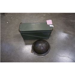 WW2 ARMY HELMET WITH LINER AND AMMO BOX FOR 40MM LINKED CARTRIDGES