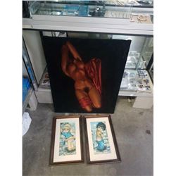 VINTAGE NUDE VELVET PAINTING AND 2 LAMY YOUTH PRINTS