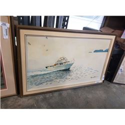 Oil on canvas "Boat speeding on the sea" Signed Raymond Chow 1990