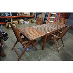 WOOD PATIO TABLE, 2 LEAFS AND 4 CHAIRS