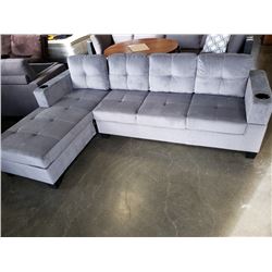 BRAND NEW GREY FABRIC 2 PC SECTIONAL SOFA WITH CUPHOLDERS, AND REMOVABLE PILLOW BACKS, RETAIL $1299 