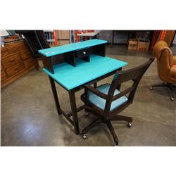 PAINTED DESK AND WOOD ROLLING OFFICE CHAIR