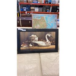 FRAMED DUCK PRINT AND MAYAN MAP ON BOARD