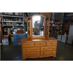 PINE DRESSER W/ TRIFOLD MIRROR-  30-1/4IN TALL 17-1/2IN DEEP, 57-1/4IN WIDE, MIRROR 46-1/2IN WIDE 39