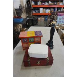 3 Jewelry boxes with contents and stand