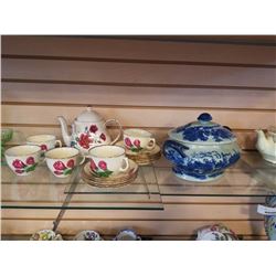 STAFFORDSHIRE CUPS AND SAUCERS AND SADLER TEAPOT AND FLOW BLUE LIDDED TUREEN