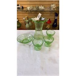 5 PICES URANIUM GLASS 8 INCH TALL VASE AND 4 BOWLS