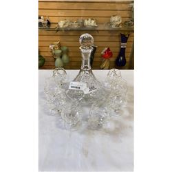 CRYSTAL SHIP DECANTER AND 8 CRYSTAL GLASSES