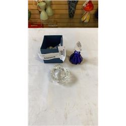 CRYSTAL PENDENT DECORATION, LIDDED HEART DISH AND PERFUME BOTTLE