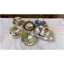 8 CUPS AND SAUCERS - INCLUDES AYNSLEY, CROWN DERBY AND BAVARIA