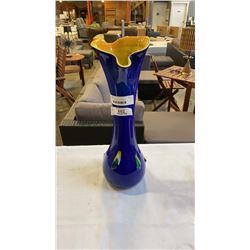 ART GLASS VASE 19IN TALL BLUE W/ YELLOW