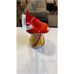 ART GLASS VASE 8 IN TALL WHITE W/ RED GLAZE