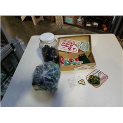 1960s BOYSCOUT CARD, PATCHES AND JAR OF MARBLES