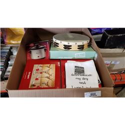 Box of martini glasses, c700 tamborine, slow cooker and more