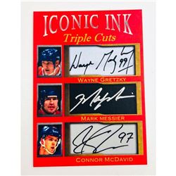 Iconic Ink Limited Edition Triple Cut Facsimilie Autograph Wayne Gretzky, Mark Messier, And Connor M