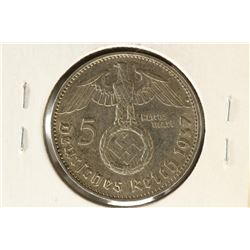 1937-F GERMAN SILVER 5 MARKS WITH SWASTIKA