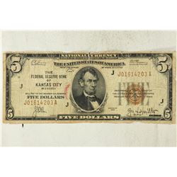 1929 $5 NATIONAL CURRENCY KANSAS CITY BROWN SEAL