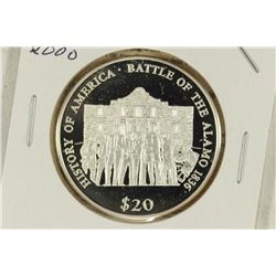 2000 LIBERIA SILVER PROOF $20 BATTLE OF THE ALAMO