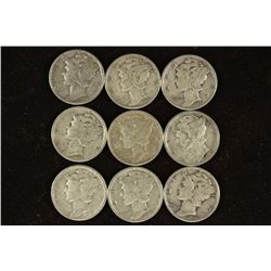 9 ASSORTED 1940'S MERCURY DIMES