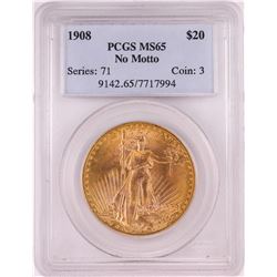 1908 NO MOTTO $20 St. Gaudens Double Eagle Gold Coin PCGS MS65