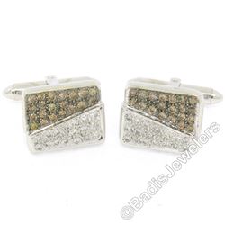 18kt White Gold 1.45 ctw Pave Set Round White & Champagne Diamond Rectangular Cu