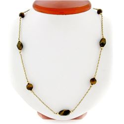 Vintage 10kt Yellow Gold 26.5" Round & Custom Cut Tiger's Eye Bead Chain Necklac