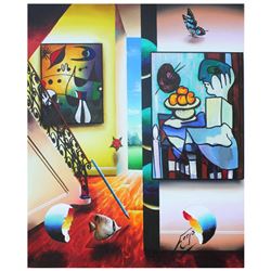 Ferjo, "Picassso and Fruit" Original Painting on Canvas, Hand Signed with Letter