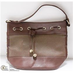 CHOCOLATE BROWN AND GOLD TONE STUDDED HAND BAG