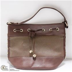 CHOCOLATE BROWN AND GOLD TONE STUDDED HAND BAG