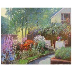 Ming Feng, "Afternoon in the Garden" Original Oil Painting on Canvas, Hand Signed with Letter of Aut
