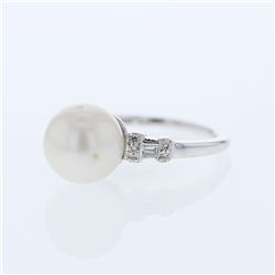 Natural 8.81 CTW Pearl & Baguette Ring 18K White Gold - REF-61M2F