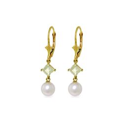 Genuine 5 ctw White Pearl & Aquamarine Earrings 14KT Yellow Gold - REF-32W2Y