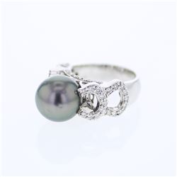 Natural 13.97 CTW Tahitian Pearl & Diamond Ring 14K White Gold - REF-112Y5N