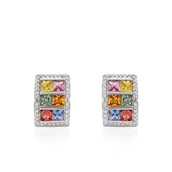 Natural 5.36 CTW Multi-Sapphire & Diamond Earrings 18K White Gold - REF-153H2W