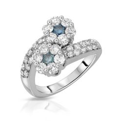 Natural 2 CTW Blue Round Diamond Ring 14K White Gold - REF-174F6M