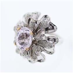 Natural 5.79 CTW Kunzite & Diamond Ring 18K Two Tone Yellow Gold - REF-251K3R