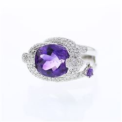 Natural 10.15 CTW Amethyst & Diamond Ring 18K White Gold - REF-230F4M