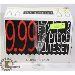 CHAMPAGNE FLUTE GLASSES- BOX LOT OF 12- LINENS & T