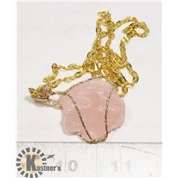 WIRE WRAPPED ROSE QUARTZ PENDANT WITH CHAIN