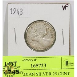 1943 CANADIAN SILVER 25 CENT COIN
